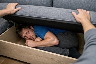 Должник по алиментам прятался в диване Сгенерировано chat.qwen.ai