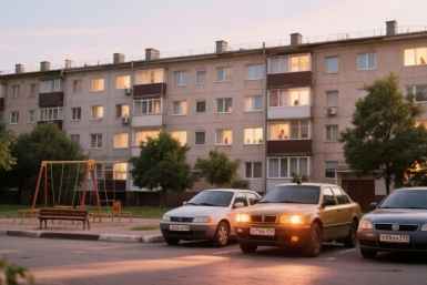 Машины во дворе дома Создано при помощи ИИ