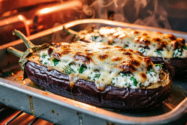 2 ложки в лодочку — и засыпаю сыром: баклажаны — вкуснее не ели, сметаем с чесночком и хлебом
