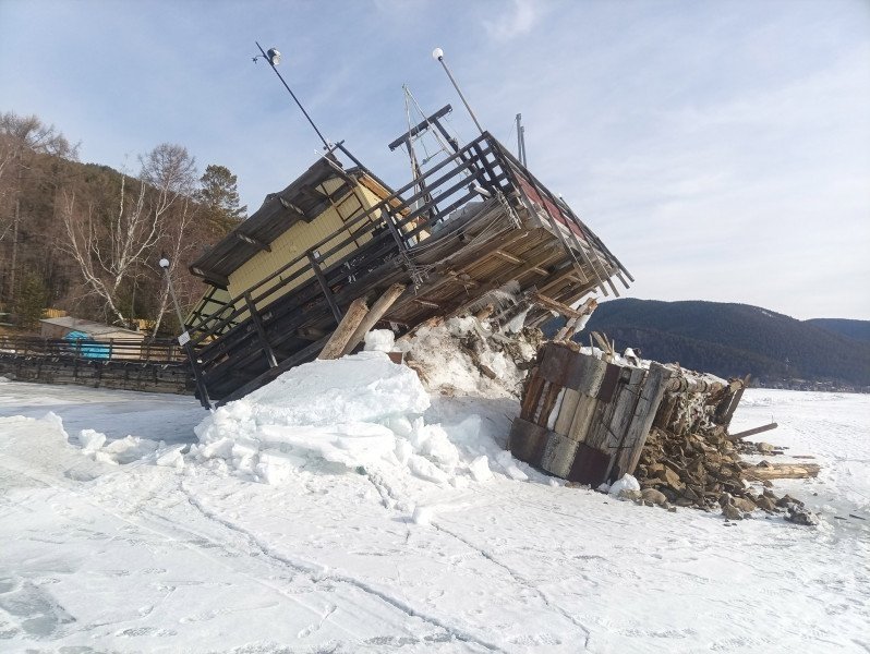 Мощная подвижка льда перевернула причал  ЛИН СО РАН на Байкале сайт Лимнологического института СО РАН